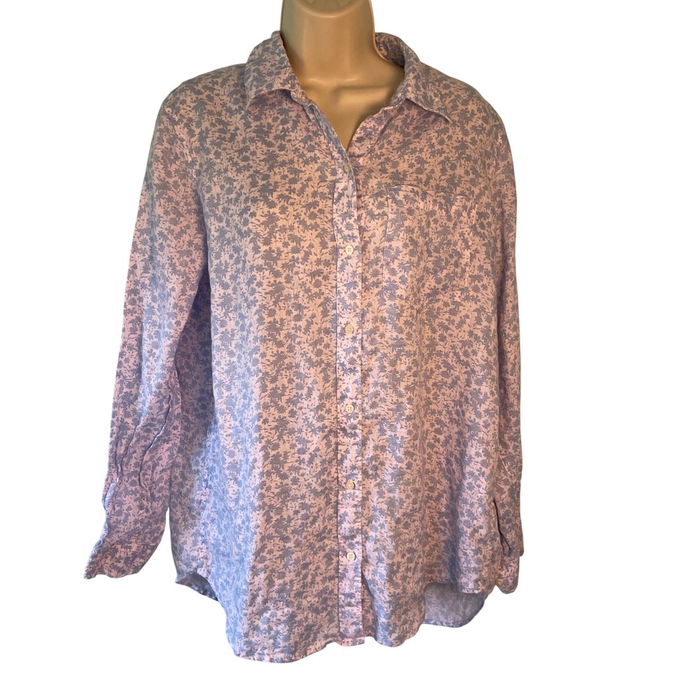 Gap Womens 100% Linen Floral Button Down‎ Shirt Small Blue White Cottage Casual
